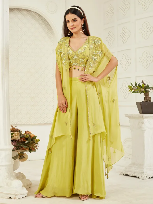Lemon green satin silk jacket suit with aabla work