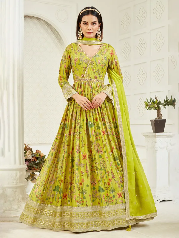 Lemon green silk anarkali with mirror embellishment