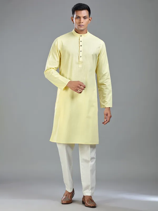 Lemon yellow classic cotton kurta suit for festival
