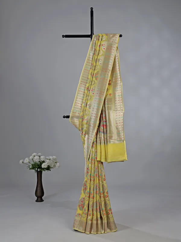 Lemon yellow satin silk saree