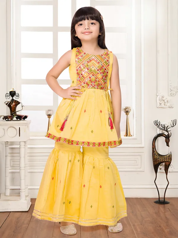 Lemon yellow sharara suit with gota and thread work