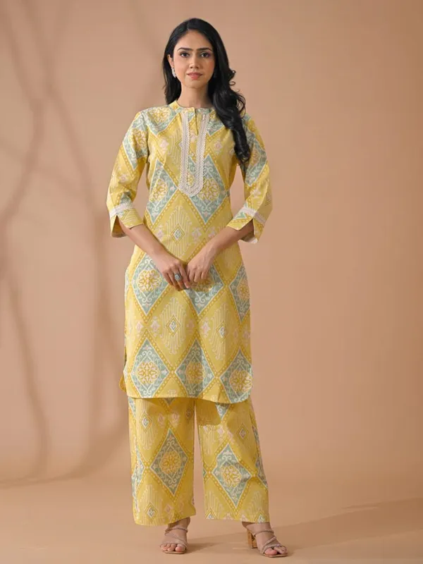 Lemon yellow silk printed kurti palazzo set