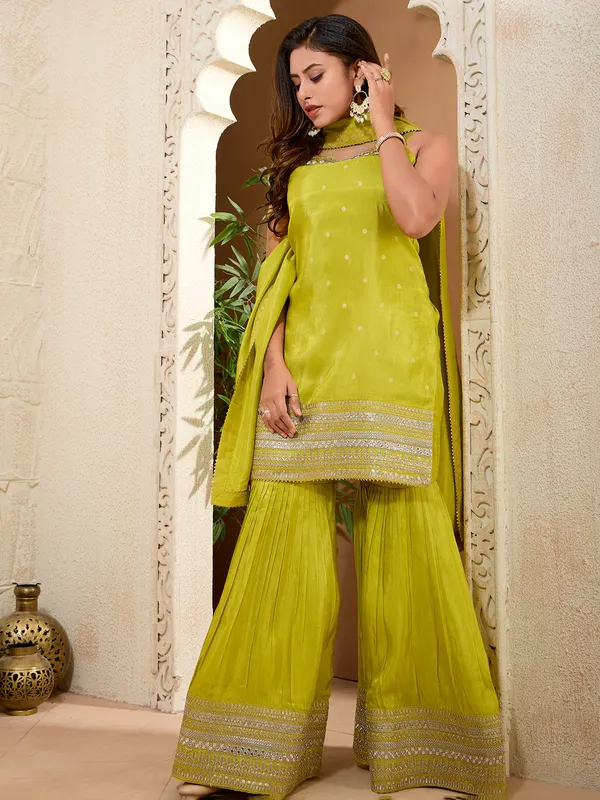 Lemon yellow silk wedding sharara suit