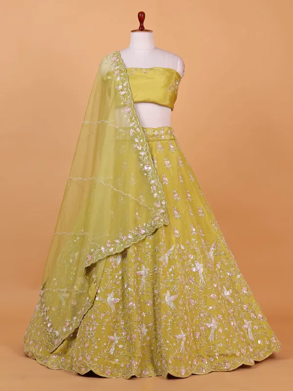 Letest pista green raw silk wedding style lehenga choli