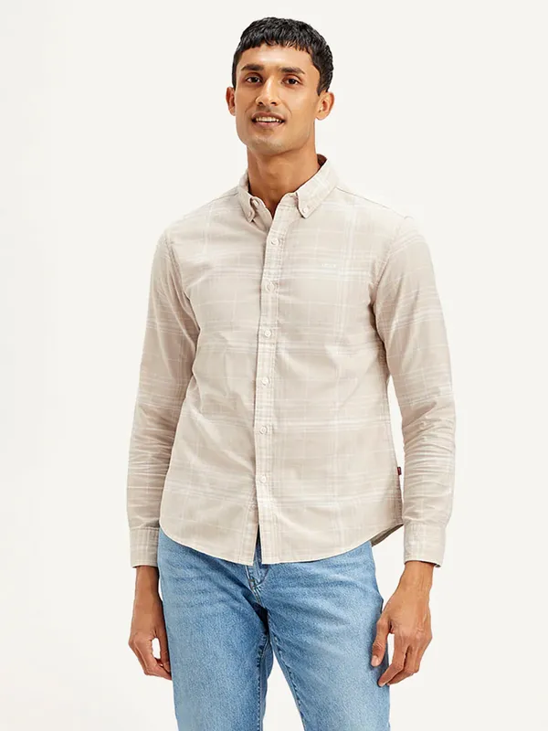 LEVIS beige checkered cotton slim fit mens shirt