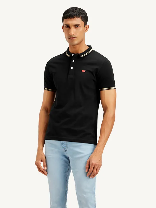 LEVIS black slim fit cotton solid polo t-shirt