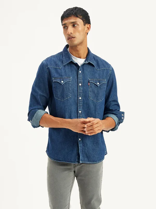 LEVIS blue solid denim shirt