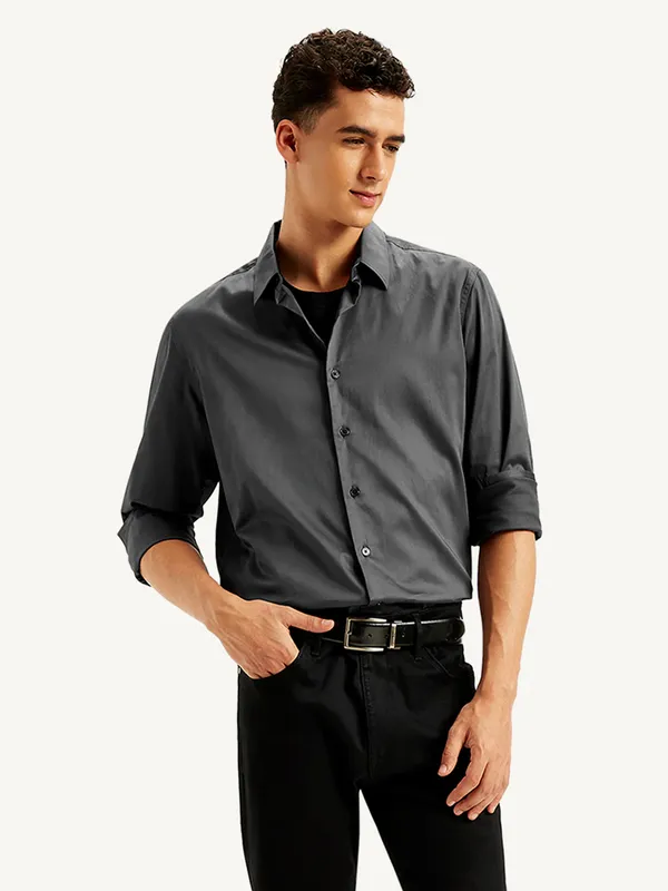 LEVIS cotton plain charcoal shirt for men