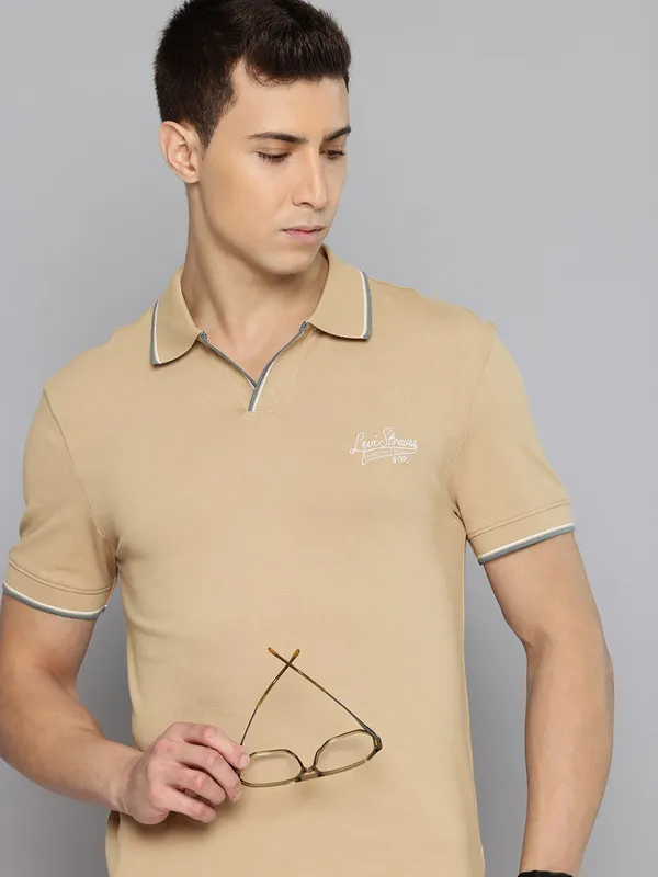 LEVIS khaki plain cotton slim fit polo t-shirt