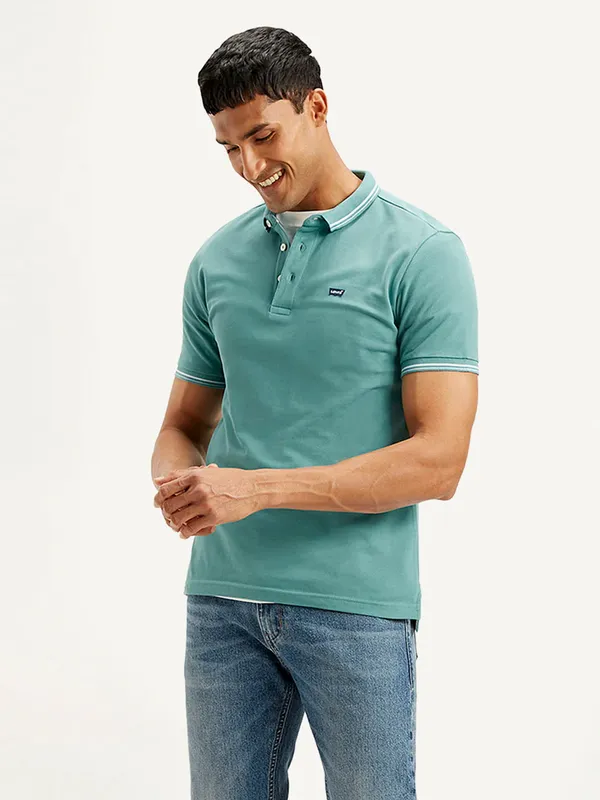 LEVIS mint blue cotton slim fit solid t-shirt