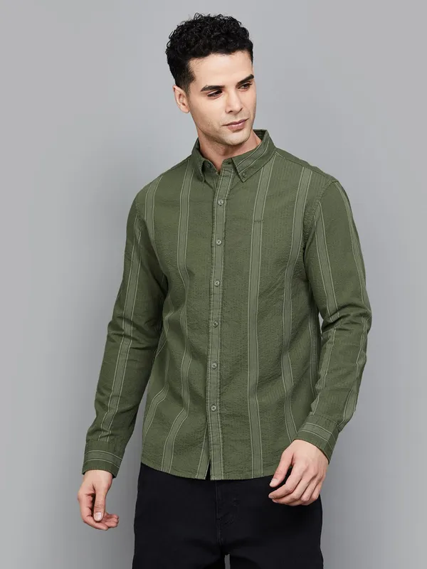 LEVIS olive striped slim fit casual shirt