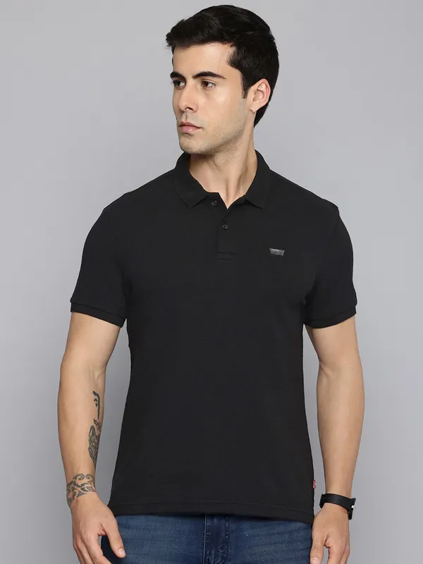 LEVIS plain black cotton polo t-shirt