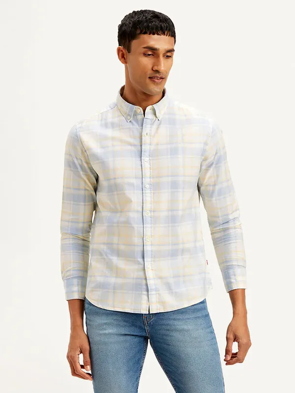 LEVIS sky blue and yellow slim fit mens casual shirt