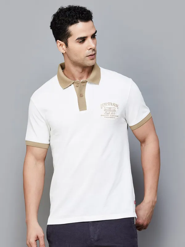 LEVIS solid white cotton slim fit polo t-shirt