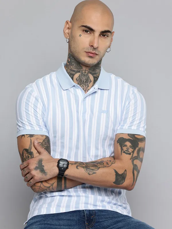 LEVIS striped sky blue cotton slim fit t-shirt