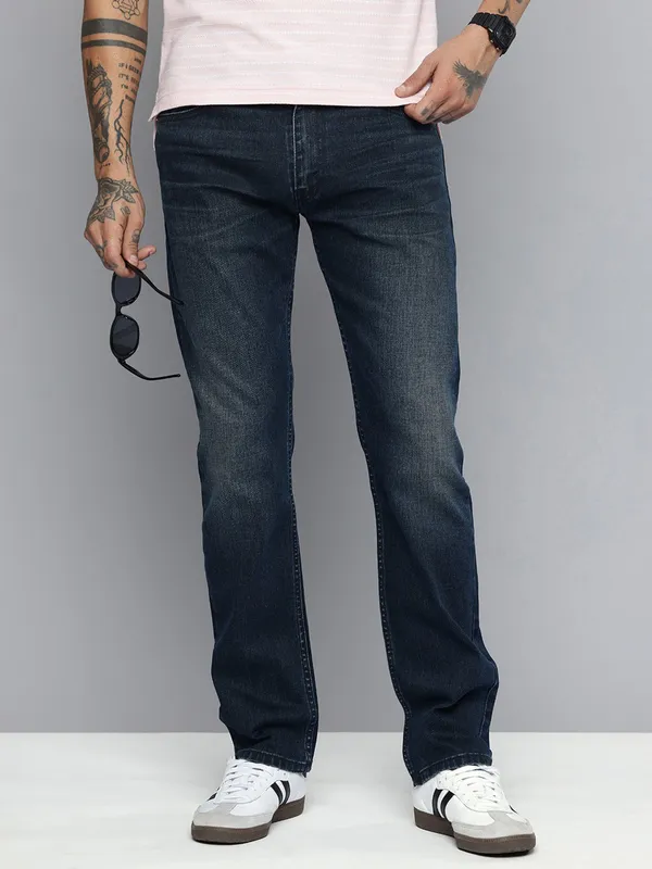 LEVIS washed dark blue straight fit denim jeans