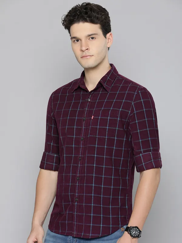 LEVIS wine cotton check shirt for men