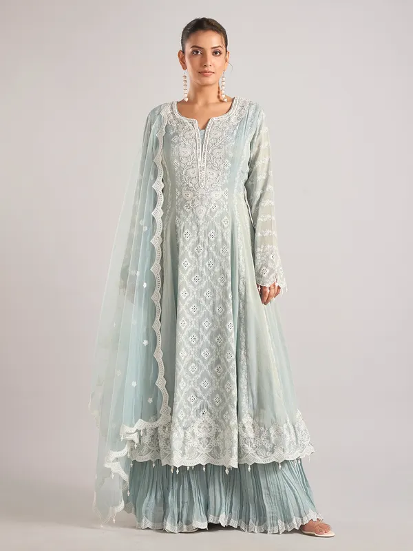 Light aqua silk pakistani style sharara suit with dupatta
