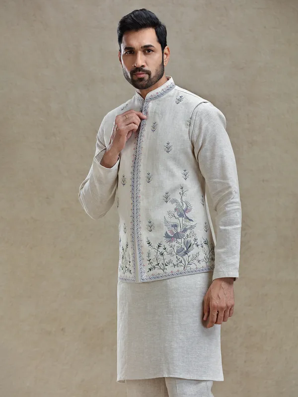 Light beige linen fabricated kurta jacket set