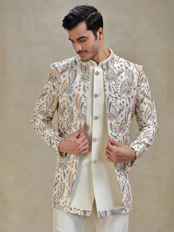 Light beige silk indo-western set in colourful embroidery