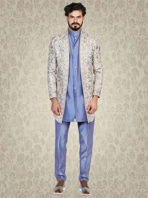 Light blue and cream silk indowestern