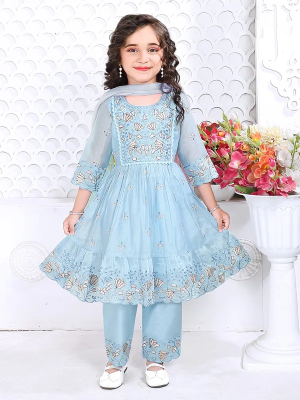 Light blue chiffon salwar suit with embroidered detailing