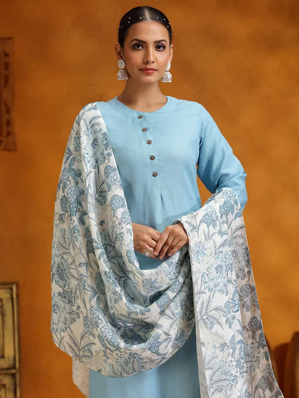 Light blue cotton salwar suit with printed dupatta