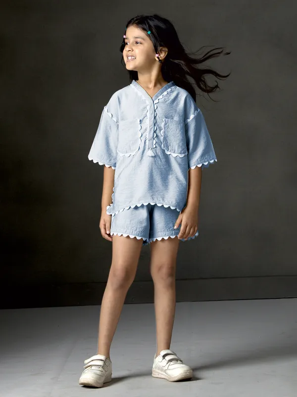 Light blue cotton silk V neck co-ord set for girls