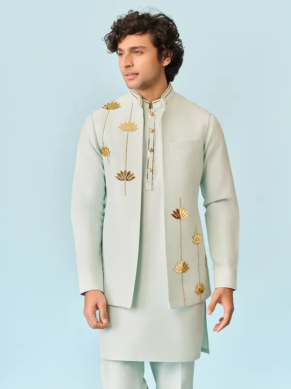 Light blue elegant lotus applique worked kurta jacket set