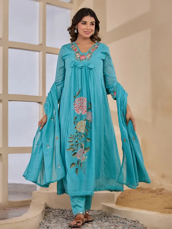 Light blue embroidered kurti set with dupatta