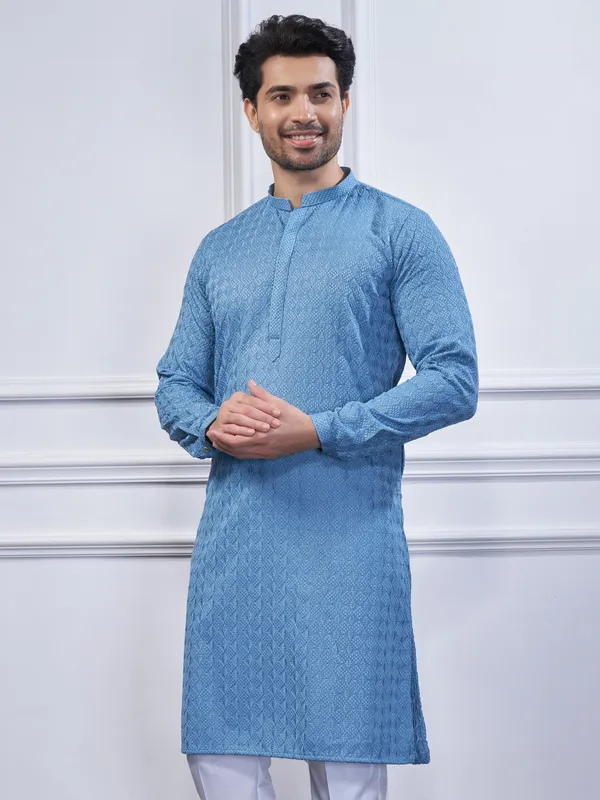 Light blue embroidery cotton kurta suit