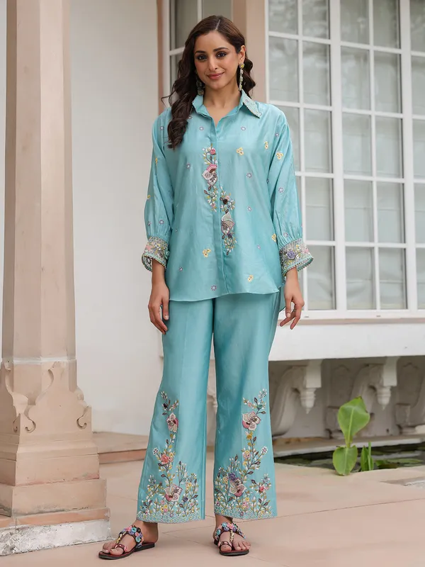 Light blue embroidery silk tencel co-ord set