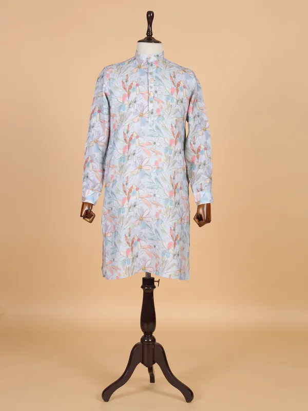 Light blue flower floral printed kurta suit for men