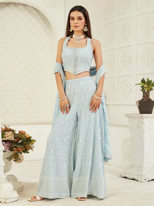 Light blue georgette palazzo suit with mirror work