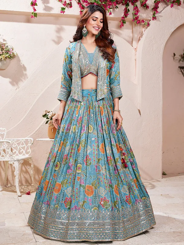 Light blue jacket style silk lehenga choli