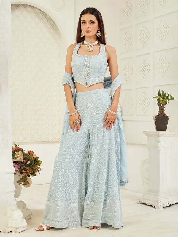 Light blue mirror work georgette palazzo salwar suit
