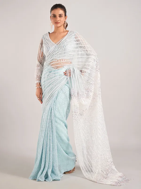 Light blue net with designer saree