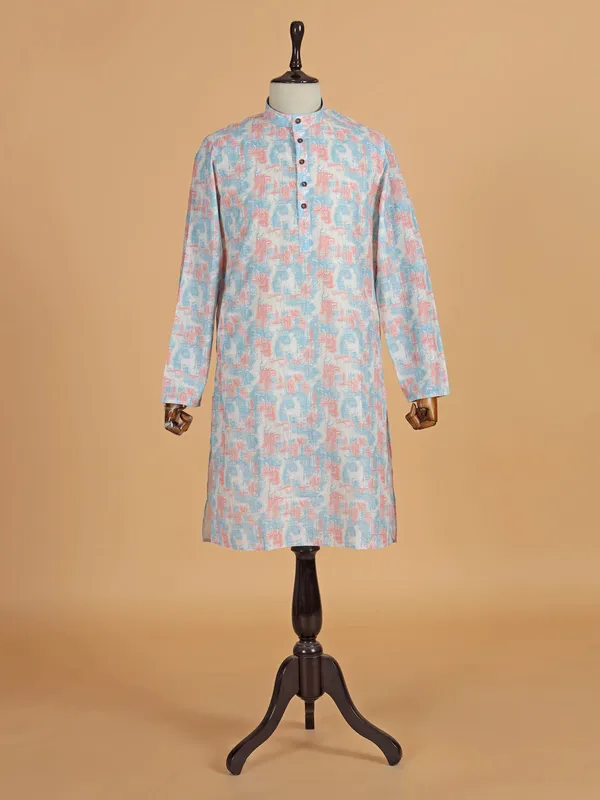 Light blue printed cotton silk kurta set