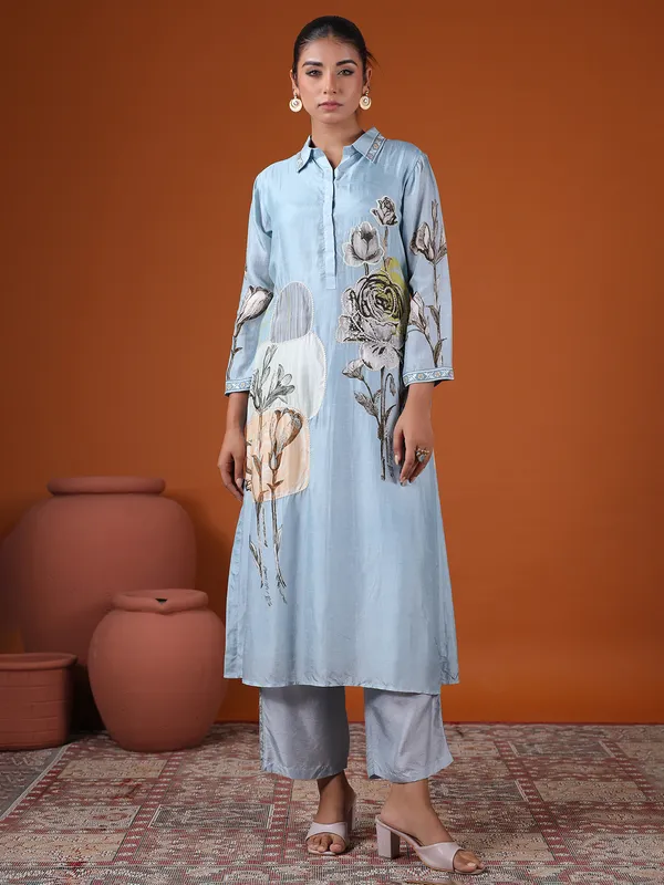 Light blue printed kurti set for festive