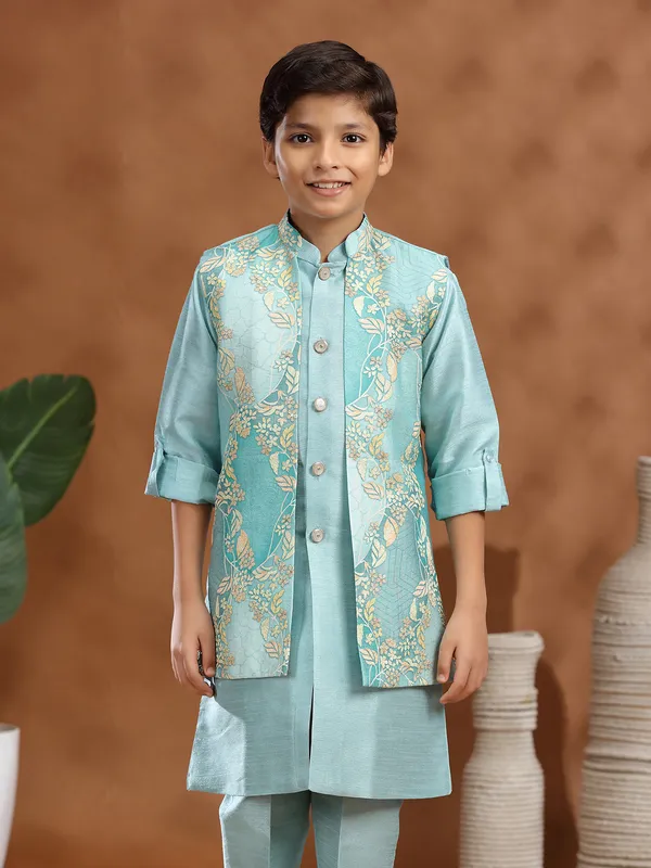 Light blue raw silk printed waistcoat set
