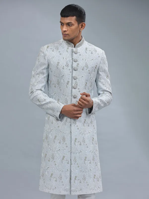 Light blue raw silk sherwani for wedding