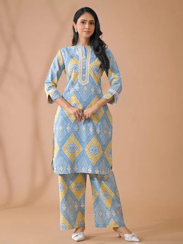 Light blue silk printed kurti palazzo set
