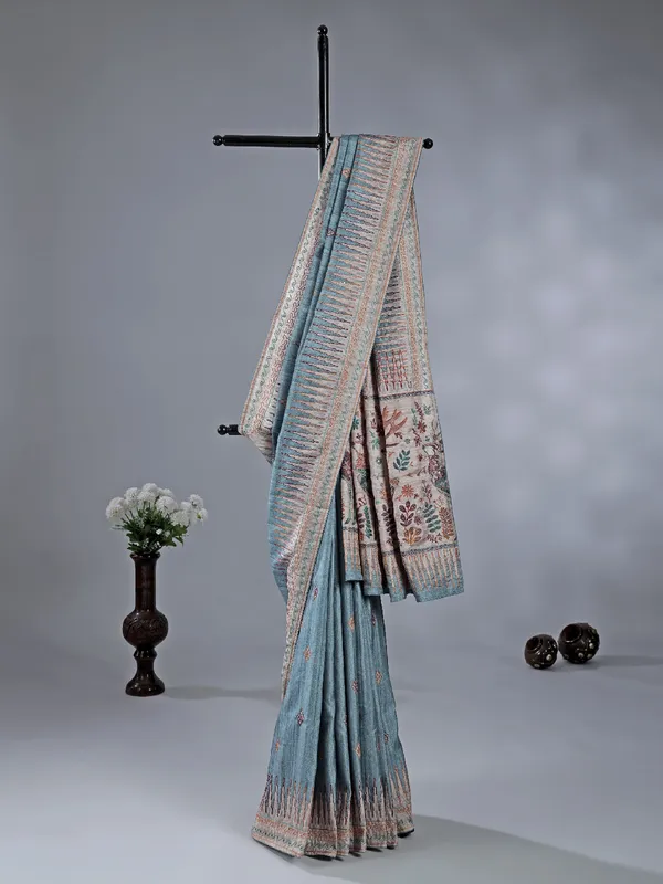 Light blue silk saree for women festive wear