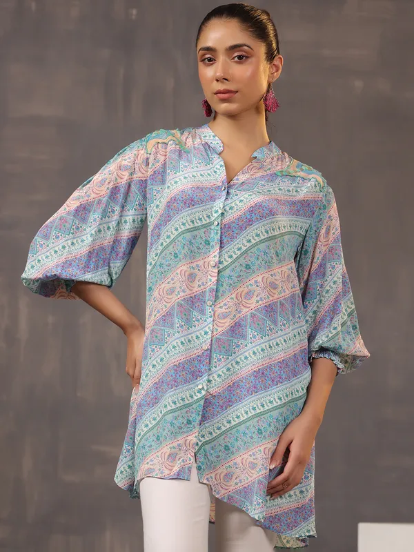 Light blue silk tunic top with attractive print