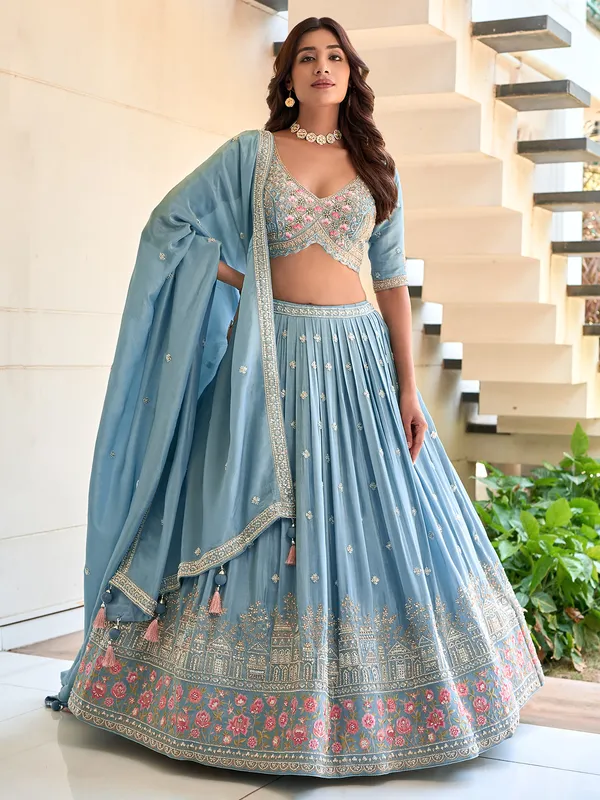 Light blue silk wedding wear lehenga choli