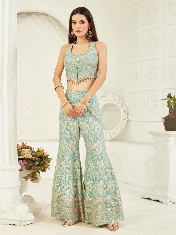 Light blue sleeveless designer silk palazzo suit