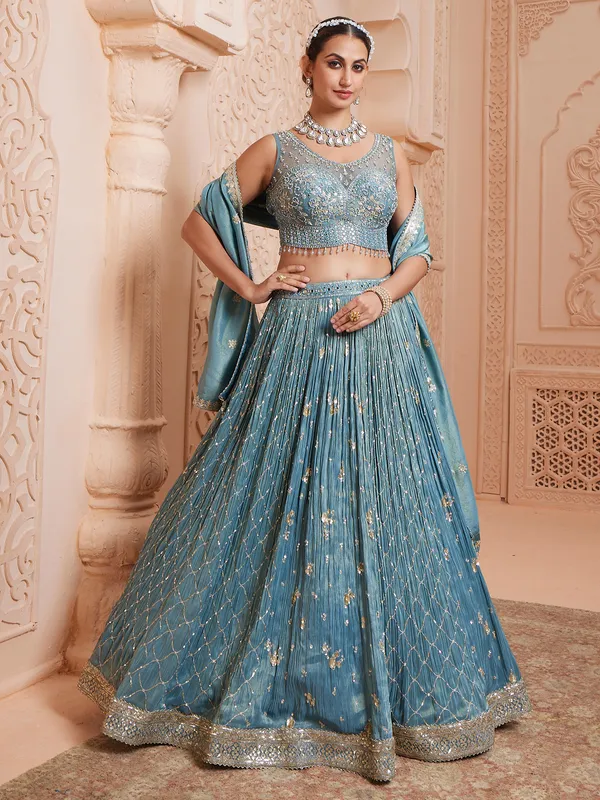 Light blue tissue lehenga choli for wedding