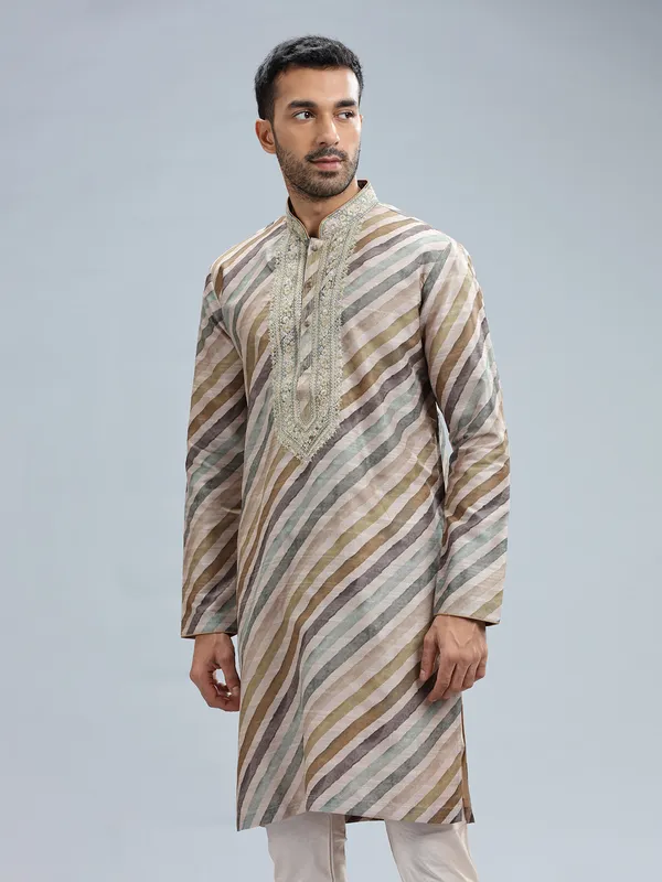 Light brown cotton silk stripe pattern kurta set for men