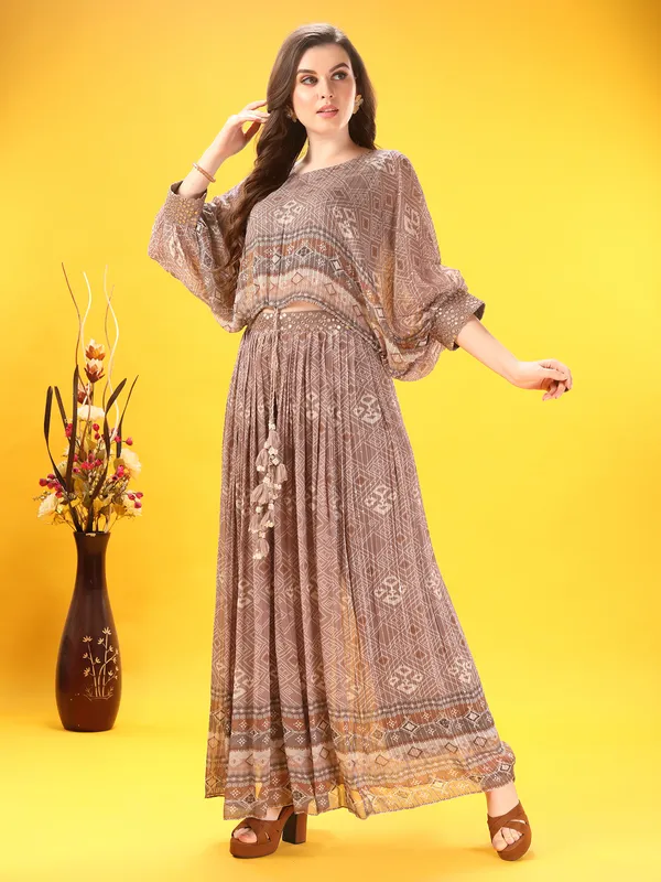 Light brown georgette palazzo suit with print