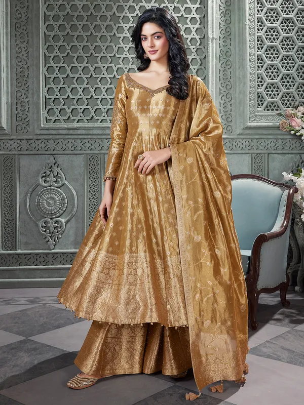 Light brown palazzo suit with rich zari embellishment